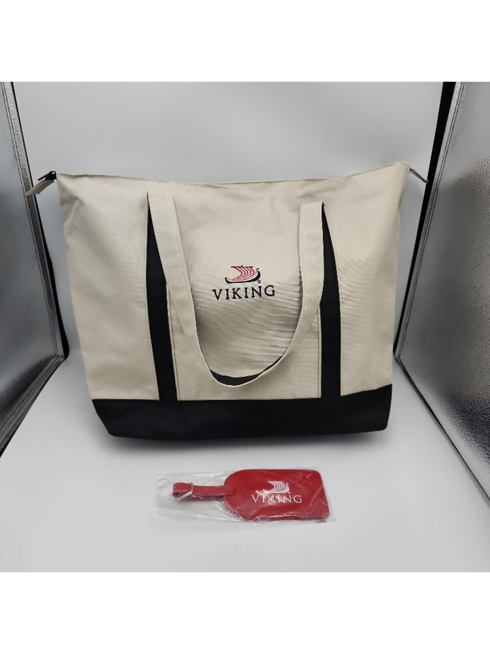 NEW Viking Cruise Large Beige & Black Fabric Tote Bag w Zip Top Luggage Tag 19"